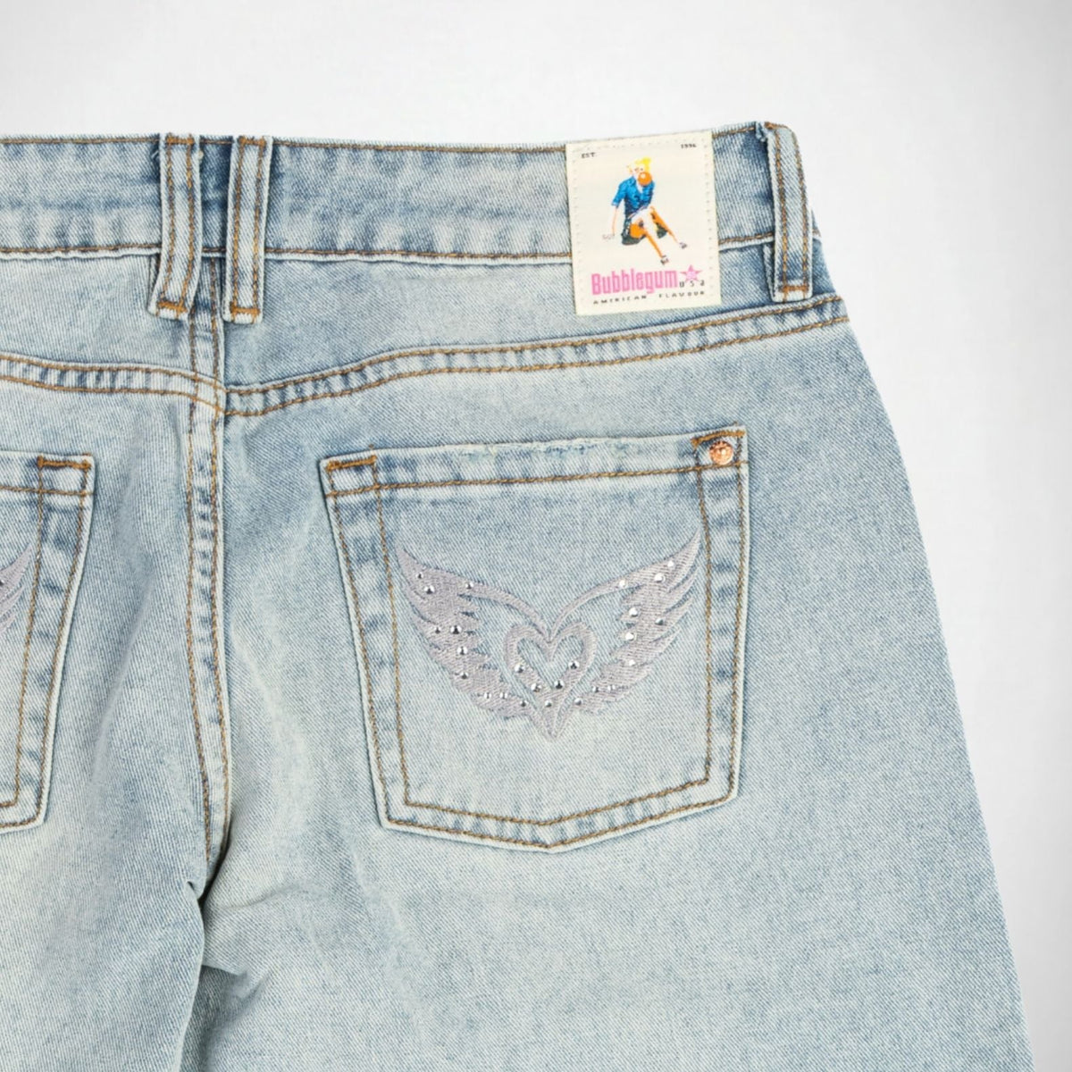 BUBBLEGUM USA Luna Silver Wing Lovers Women's Super Low-Rise Wide-Leg Jeans