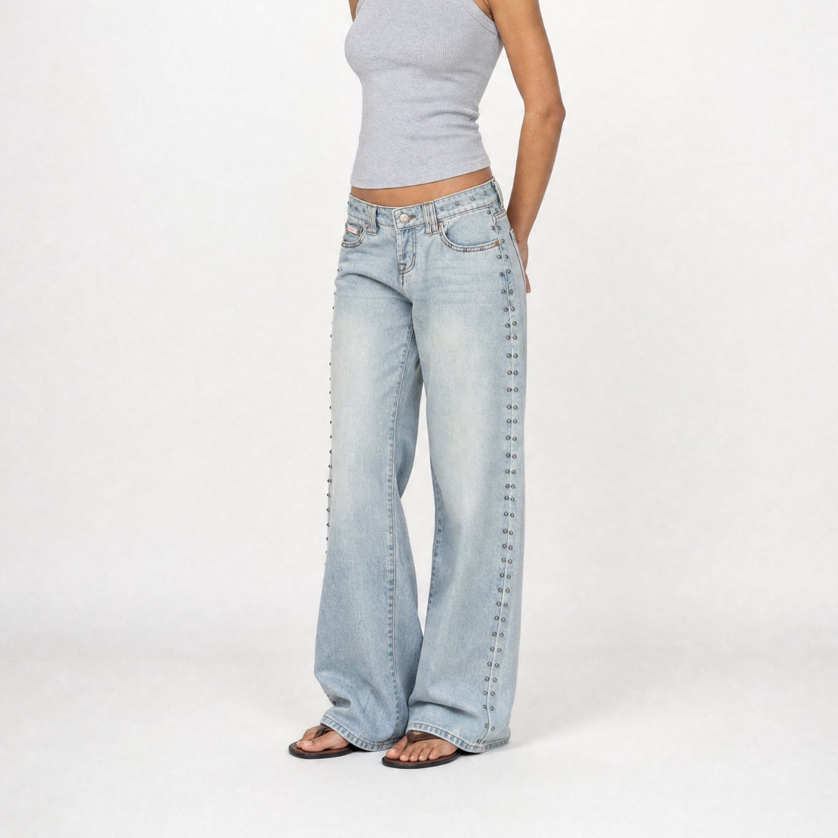 BUBBLEGUM USA Luna Silver Studs Women's Super Low-Rise Wide-Leg Jeans