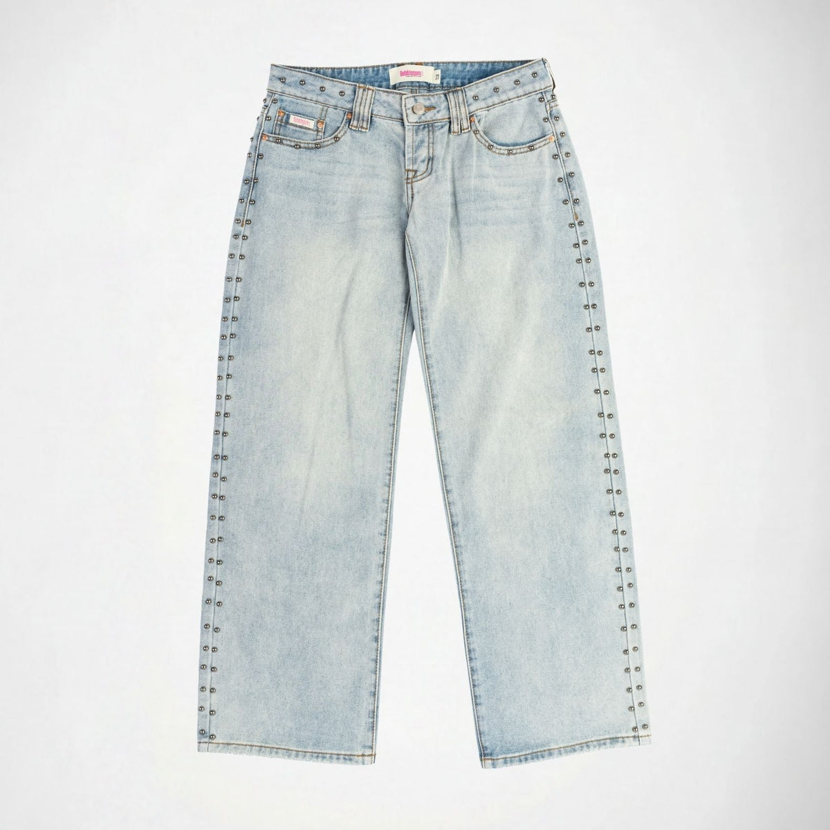 BUBBLEGUM USA Luna Silver Studs Women's Super Low-Rise Wide-Leg Jeans