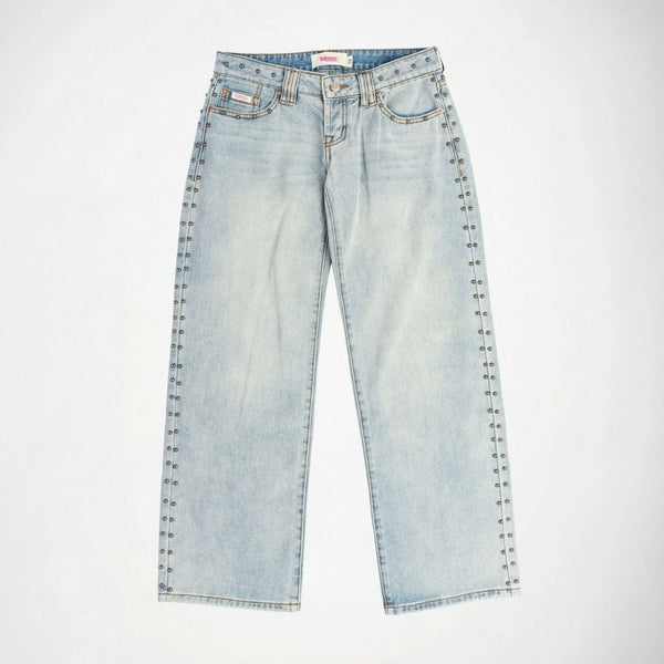 BUBBLEGUM USA Luna Silver Studs Women's Super Low-Rise Wide-Leg Jeans