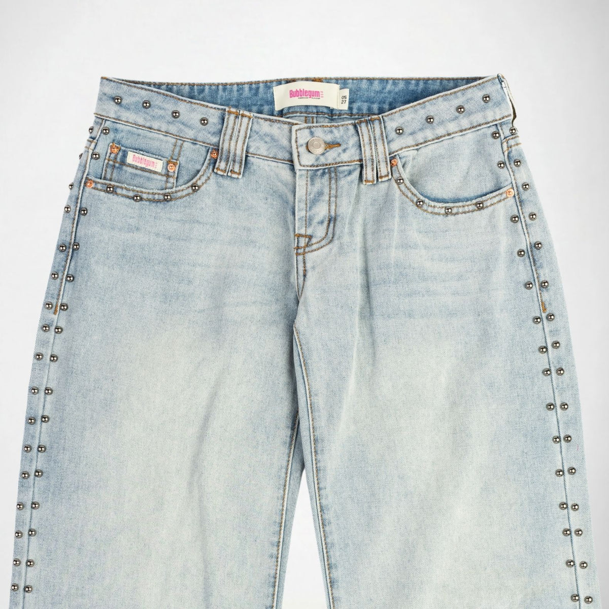 BUBBLEGUM USA Luna Silver Studs Women's Super Low-Rise Wide-Leg Jeans
