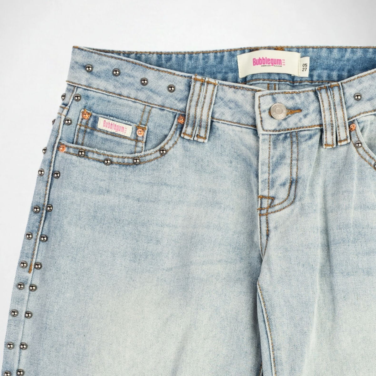 BUBBLEGUM USA Luna Silver Studs Women's Super Low-Rise Wide-Leg Jeans