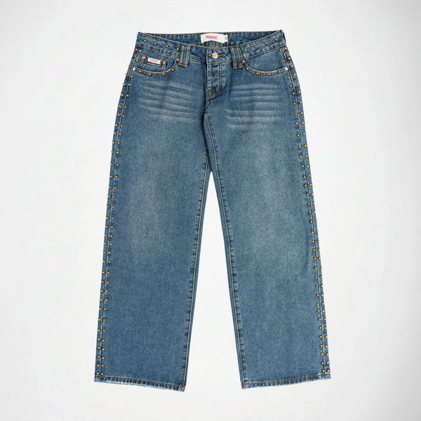 BUBBLEGUM USA Luna Gold Studs Women's Super Low-Rise Wide-Leg Jeans