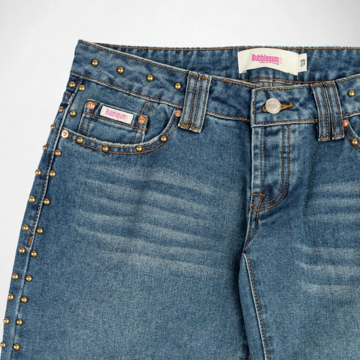 BUBBLEGUM USA Luna Gold Studs Women's Super Low-Rise Wide-Leg Jeans