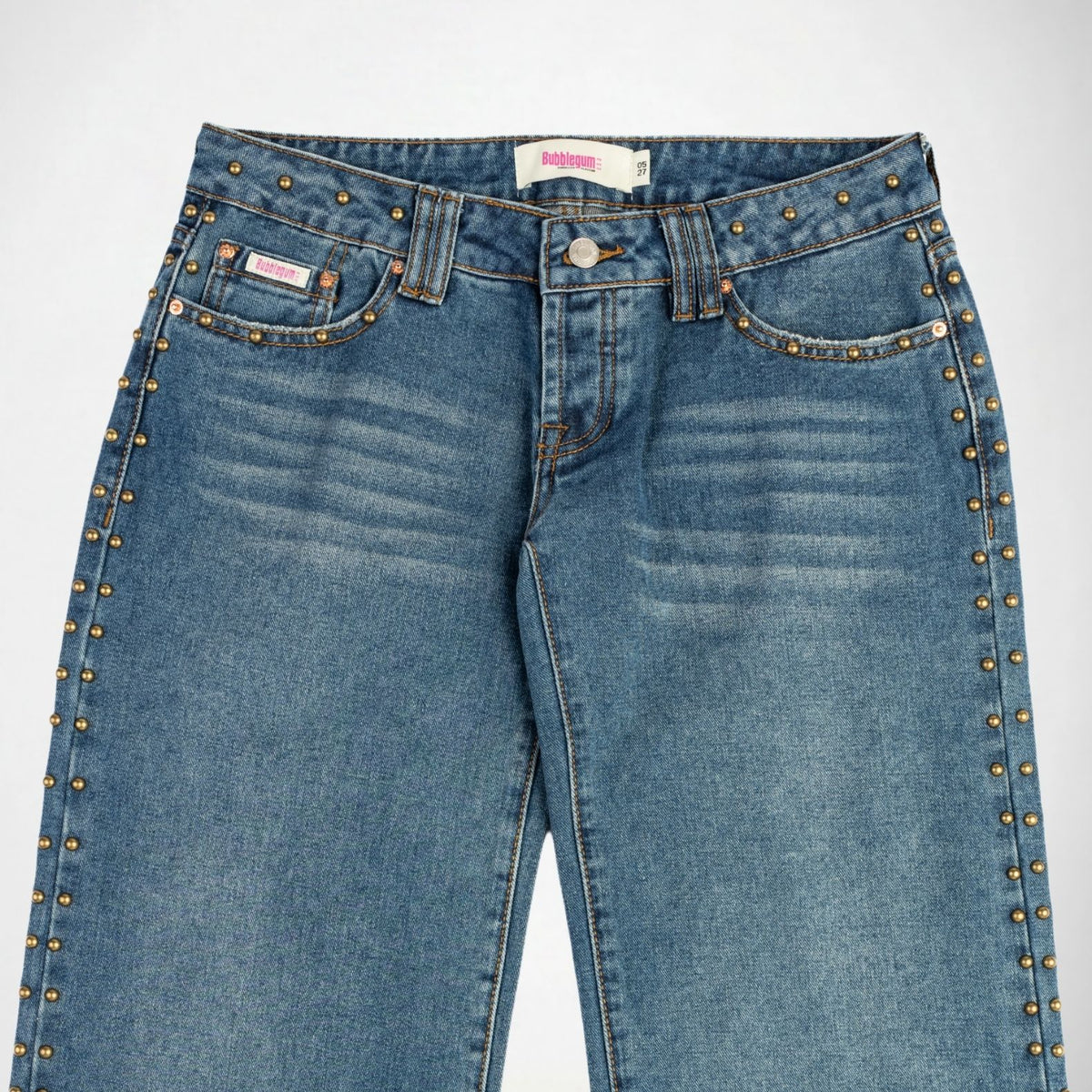 BUBBLEGUM USA Luna Gold Studs Women's Super Low-Rise Wide-Leg Jeans