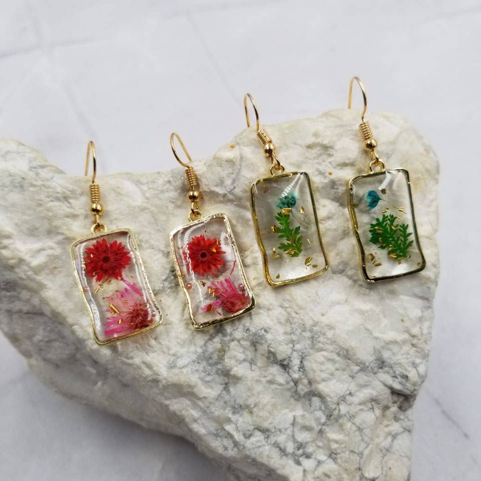 Gold Plated Dried Flower Rectangle Earrings