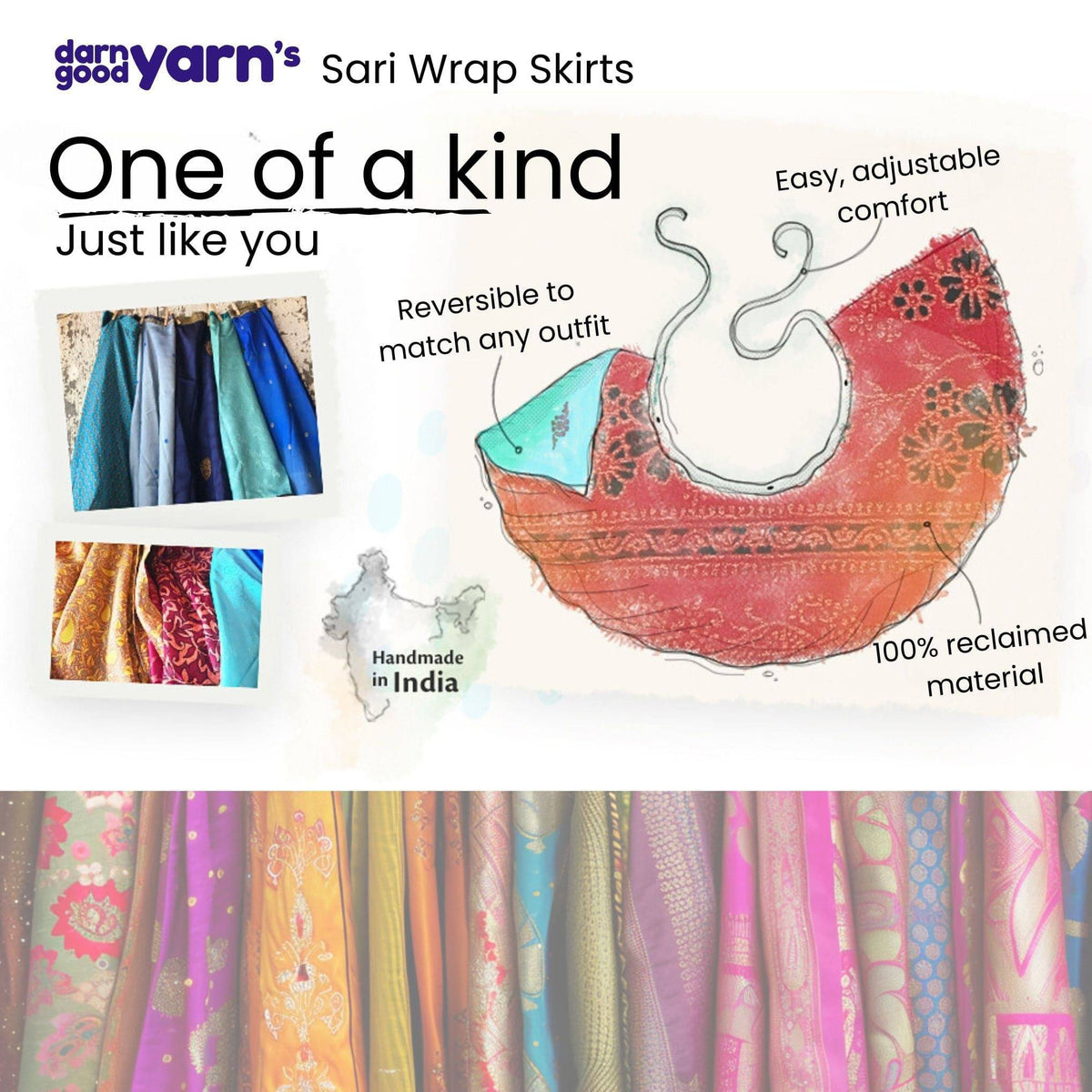 Darn Good Yarn Original Recycled Sari Wrap Skirt – Reversible & Adjustable